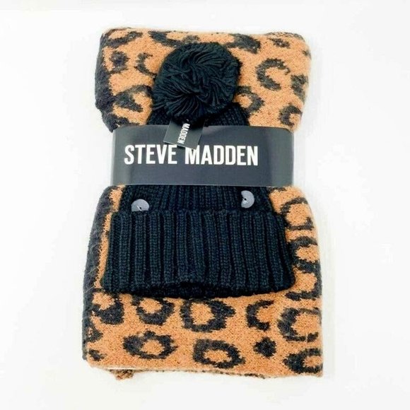 Steve Madden Accessories - Steve Madden PomPom Beanie & Leopard Print Knit Scarf 2-Piece Set New Nwt hat gi